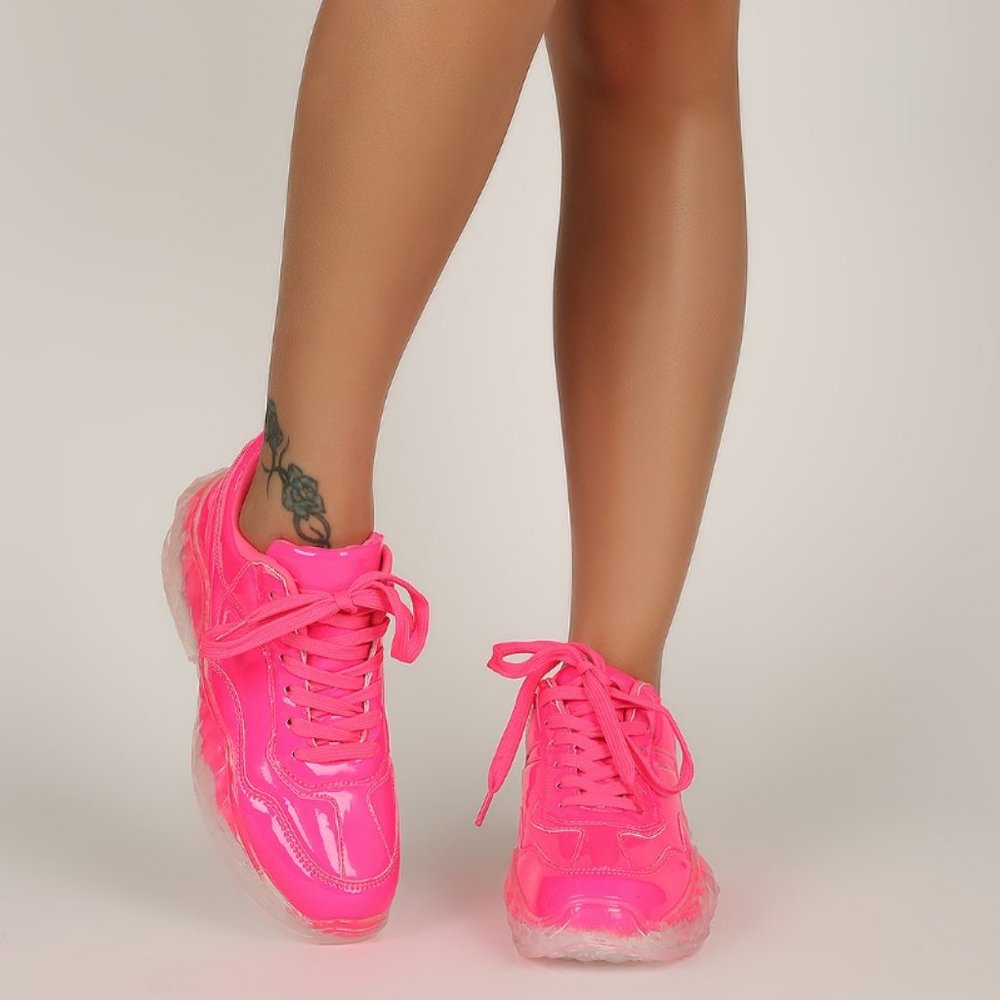 ✨💖 LaSheelah Translucent Geometrical Lace-Up Sneakers – Neon Pink US 8 💖✨